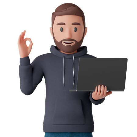 Man with laptop and OK sign  3D Illustration