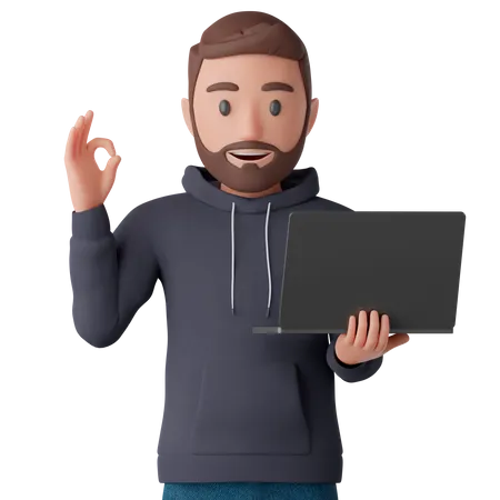 Man with laptop and OK sign  3D Illustration