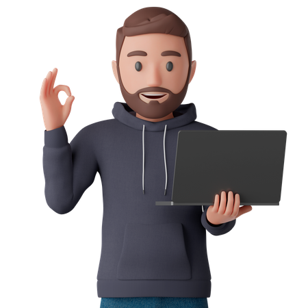 Man with laptop and OK sign  3D Icon