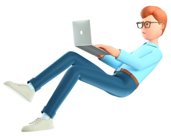 Man with laptop flying in air  3D Icon