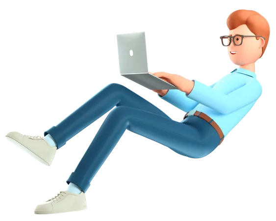 Man with laptop flying in air  3D Illustration