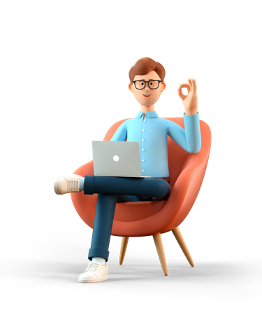 Man with laptop showing ok gesture  3D Icon