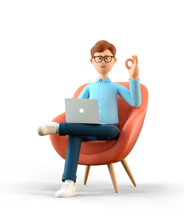 Man with laptop showing ok gesture  3D Illustration