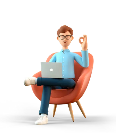 Man with laptop showing ok gesture  3D Illustration