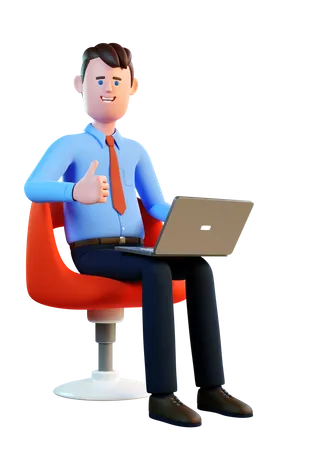 Man with laptop sitting in a chair and approves with thumb up  3D Illustration