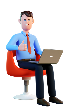 Man with laptop sitting in a chair and approves with thumb up  3D Icon