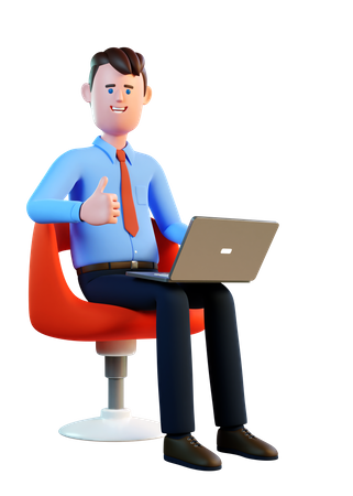 Man with laptop sitting in a chair and approves with thumb up 3D Illustration