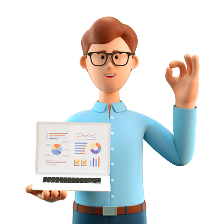 Man with ok gesture showing business charts in laptop screen  3D Illustration