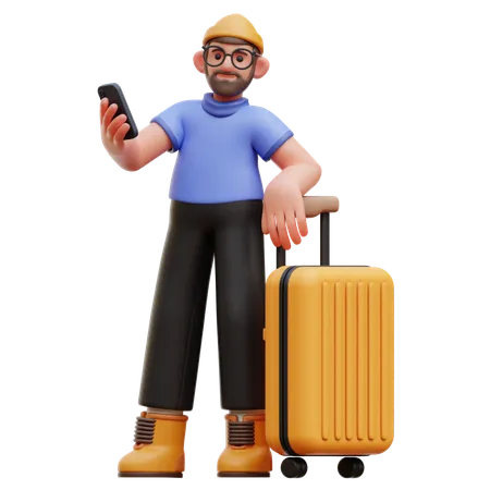 Man With Phone And Suitcase  3D Illustration