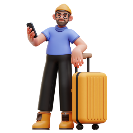 Man With Phone And Suitcase  3D Illustration