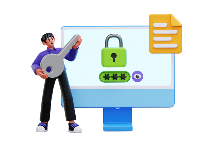 Man with secure login key  3D Illustration