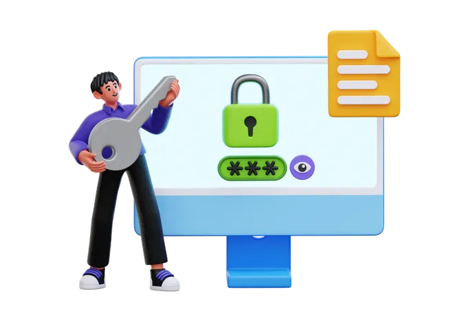 Man with secure login key  3D Illustration