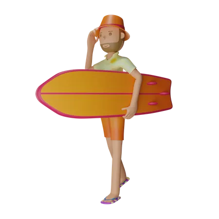 Man With Surf Board  3D Illustration