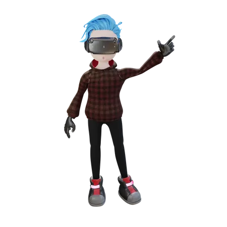 Man with VR goggles pointing hand 3D Illustration