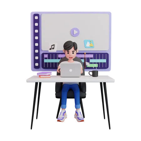 Man Working As Video Editor  3D Illustration