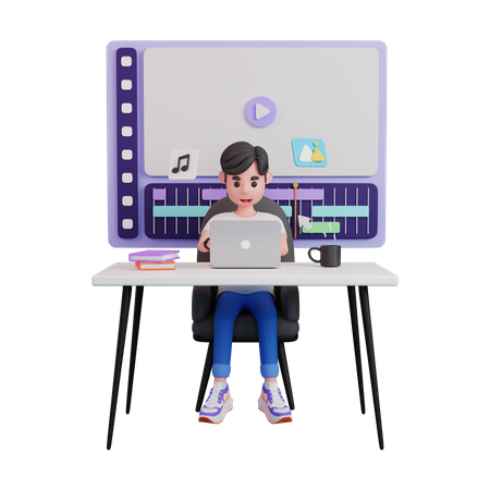 Man Working As Video Editor 3D Illustration