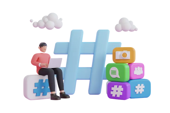 3 D Hashtag Search Link Symbol On Social Media Notification Icon Man With Hashtag Sign 3 D Character Social Network Modern Communication With Hashtag Sign 3 D Rendering 3D Illustration