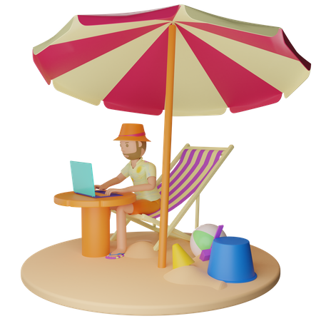 Man Working From Beach  3D Illustration