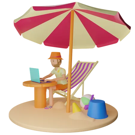 Man Working From Beach  3D Illustration