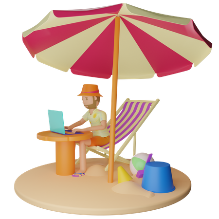Man Working From Beach 3D Illustration