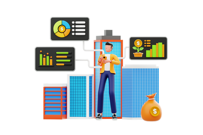 Man Working On Financial Data Growth Technology  3D Icon