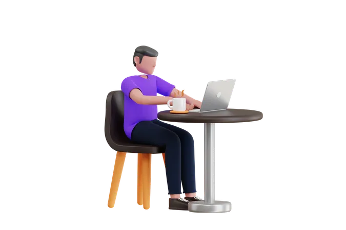 Man Working On Laptop At Cafe 3 D Illustration Man Enjoying Coffee While Working On Laptop 3 D Illustration 3D Illustration