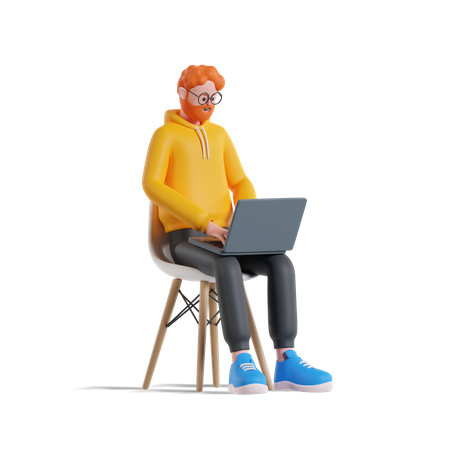 Man working on laptop while seating on chair 3D Illustration