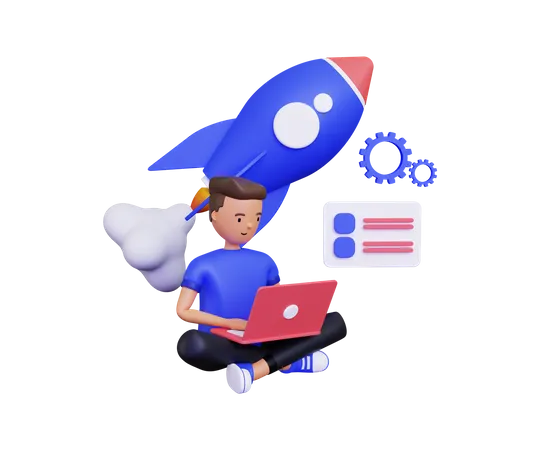 Man working on startup launch 3D Illustration