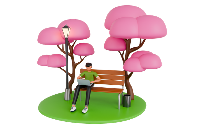 Man Working On The Laptop In Park  3D Illustration