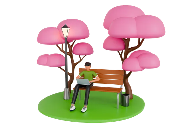 Man Working On The Laptop In Park  3D Illustration