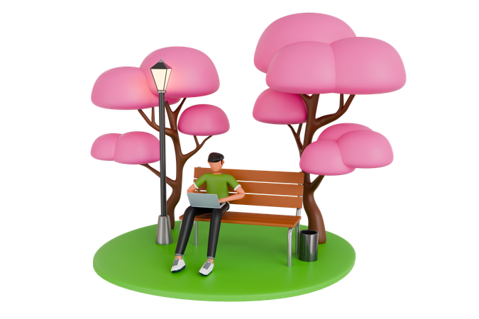 Man Working On The Laptop In Park  3D Icon