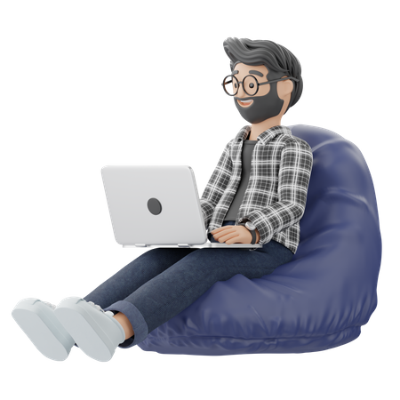 Man Working While Sitting On Beanbag  3D Illustration