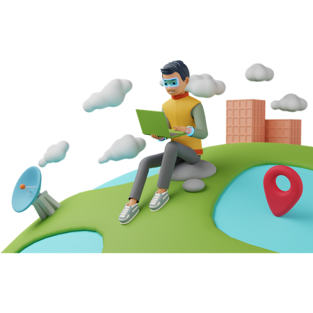 Man working while sitting on earth  3D Illustration