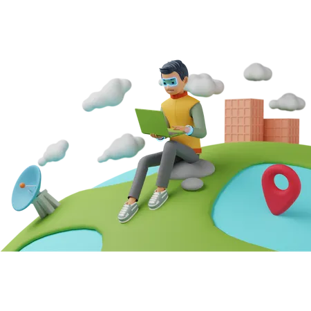 Man working while sitting on earth  3D Illustration