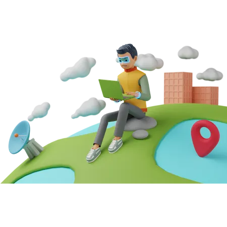 Man working while sitting on earth 3D Illustration