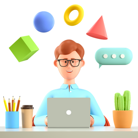 Man working with laptop and flying geometric figures  3D Icon