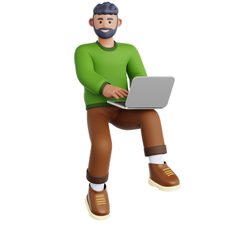 Man Working with Laptop Flying in Air  3D Icon