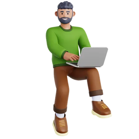 Man Working with Laptop Flying in Air  3D Icon