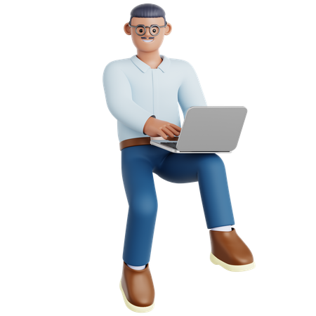 Man Working with Laptop Flying in Air  3D Illustration