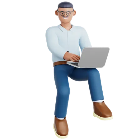 Man Working with Laptop Flying in Air  3D Illustration