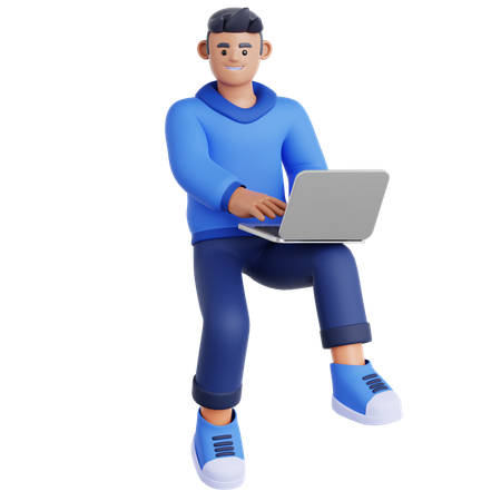 Man Working with Laptop Flying in Air  3D Illustration