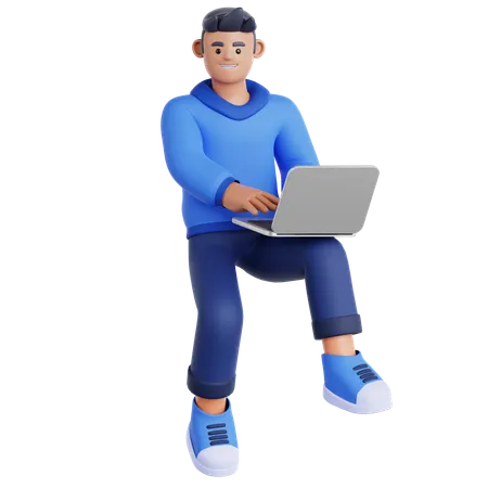 Man Working with Laptop Flying in Air  3D Illustration