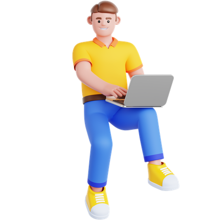 Man Working with Laptop Flying in Air  3D Illustration