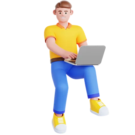 Man Working with Laptop Flying in Air  3D Illustration