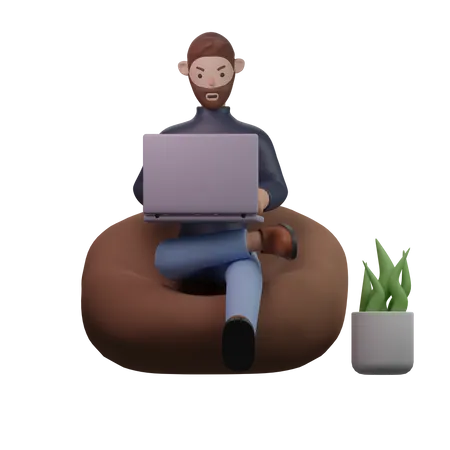 Mann arbeitet am Laptop, während er auf einem Sitzsack sitzt  3D Illustration