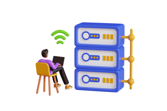 Mann arbeitet an Datenbankverwaltung  3D Illustration