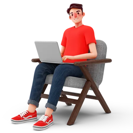 Mann arbeitet, während er auf Sessel sitzt  3D Illustration