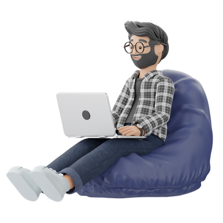 Mann sitzt auf einem Sitzsack und arbeitet  3D Illustration