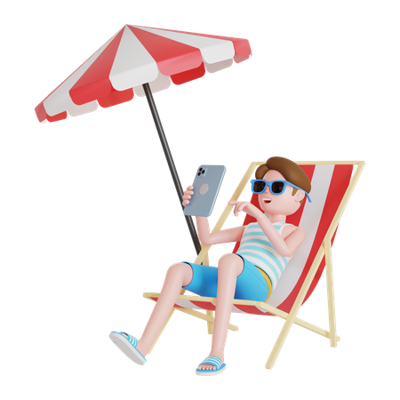 Mann benutzt Handy, während er auf einem Strandkorb sitzt  3D Illustration