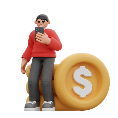 Mann benutzt Telefon während er auf Münzen sitzt  3D Icon